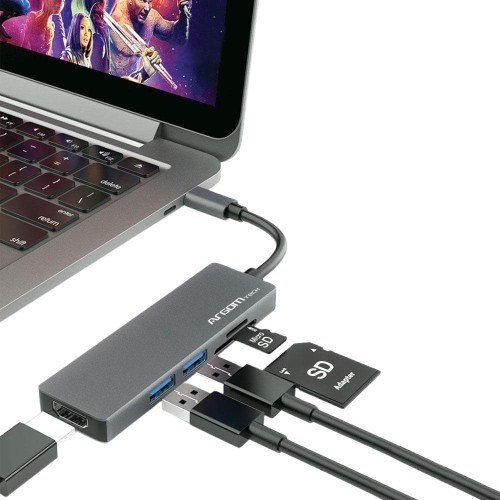 Adaptador USB-C a USB, HDMI y MicroSD Gris Argom One Axess Macho-Hembra Negro