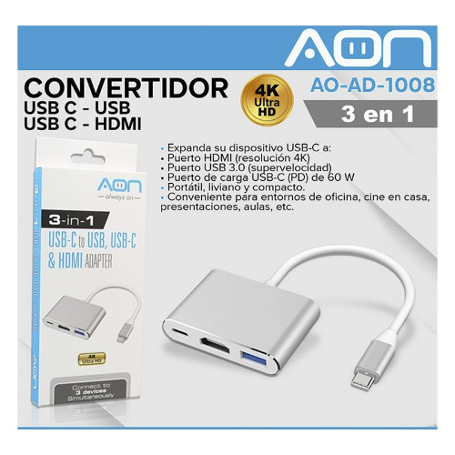 Hub AON 3-en1 AO-AD-1008 USB-C a HDMI, USB y USB-C Blanco