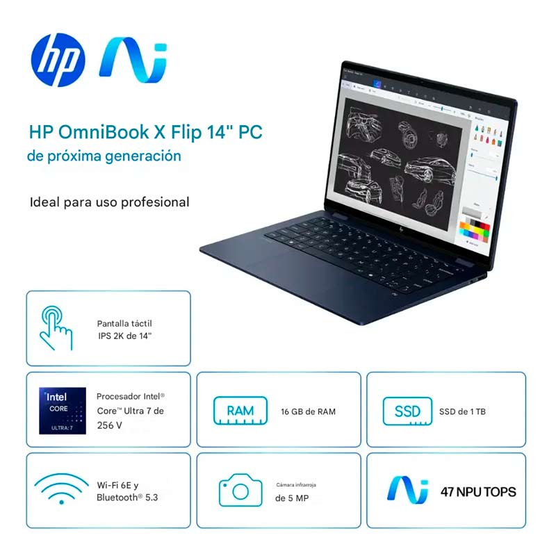 Laptop HM Omnibook X FLIP 2 en 1 14" Touch 2K Intel Ultra Core 7 256V 16GB RAM DDR5 1TB SSD W11 H Azul