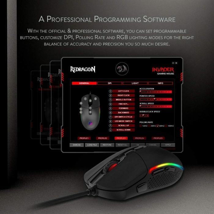 Mouse Gamer Invader M719 Redragon Con RGB  10000 DPI Negro