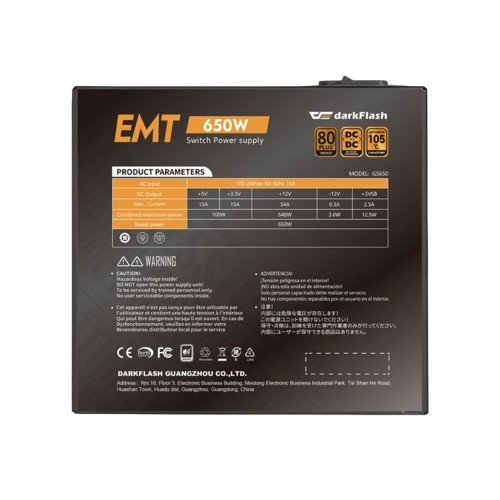 Fuente de Poder 650W DarkFlash EMT 80 Plus Bronce Negra