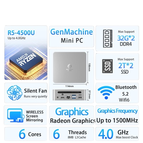 Mini Computadora GenMachine Ryzen 5 4500U 8GB DDR4 256GB SSD