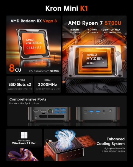 Mini PC ACEMAGIC 16GB DDR4 512GB SSD Ryzen 7 5700U W11 Pro