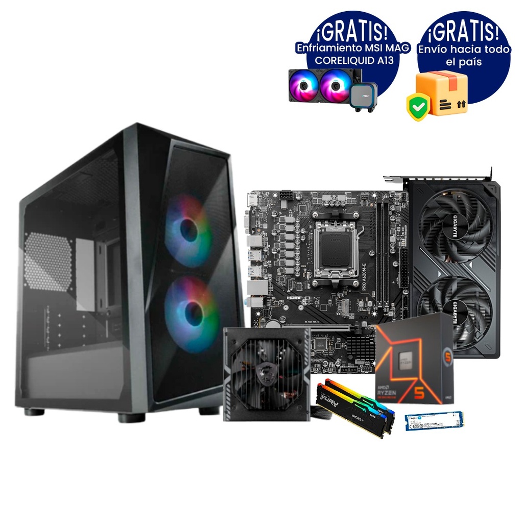 Pc Gamer Ryzen 5 7600X A620M RTX 5060 DDR5 2x8 NVMe 1TB 550W 80 Bronce Liquida 240mm