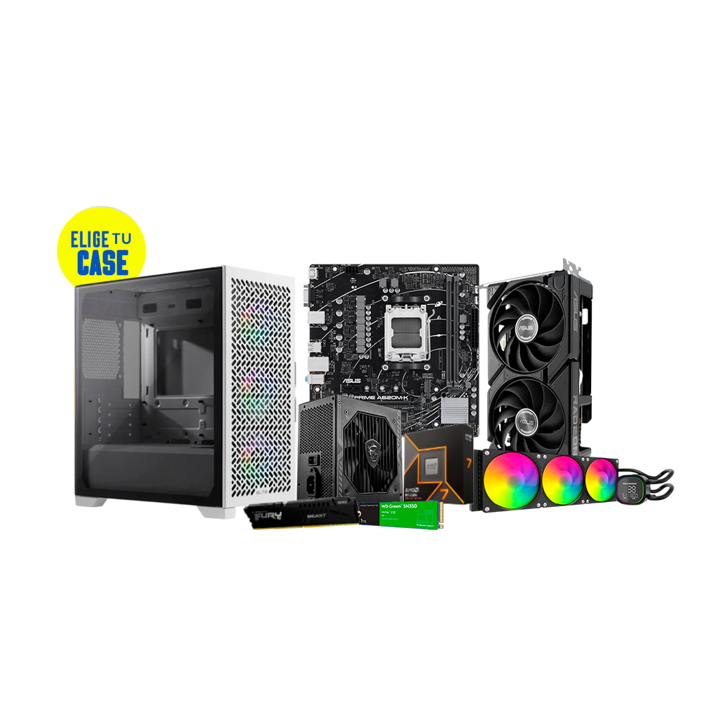 Pc Gamer Ryzen 7 9700X A620M-K RTX RX 9060 XT DDR5 16GB NVMe 1TB 650W Bronce liquida 360mm