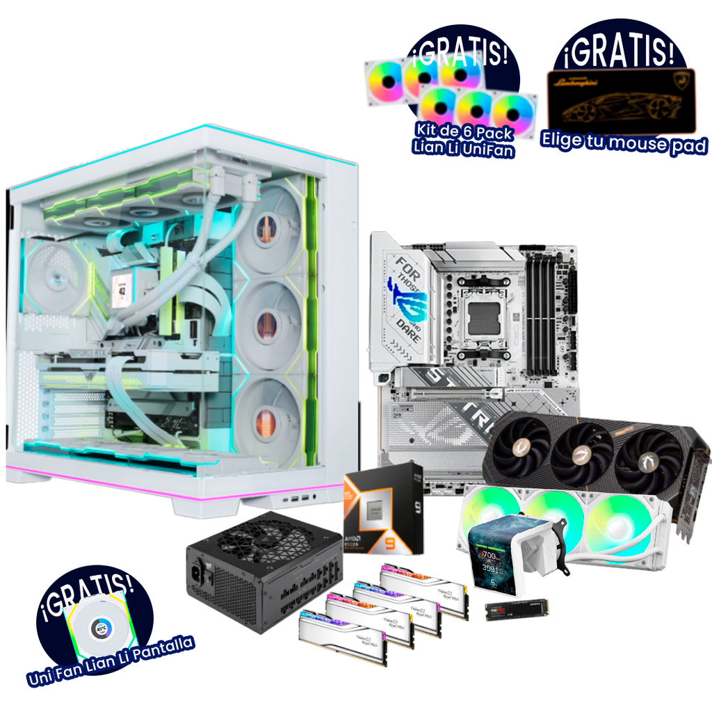Pc Gamer Ryzen 9 9950X 3D X870-A Rog RTX 5090 DDR5 4x16 NVMe 2TB 1200W Gold Liquida 360mm Kit 6 Ventiladores GRATIS Ventilador Lian Li SL Pantalla Blanco