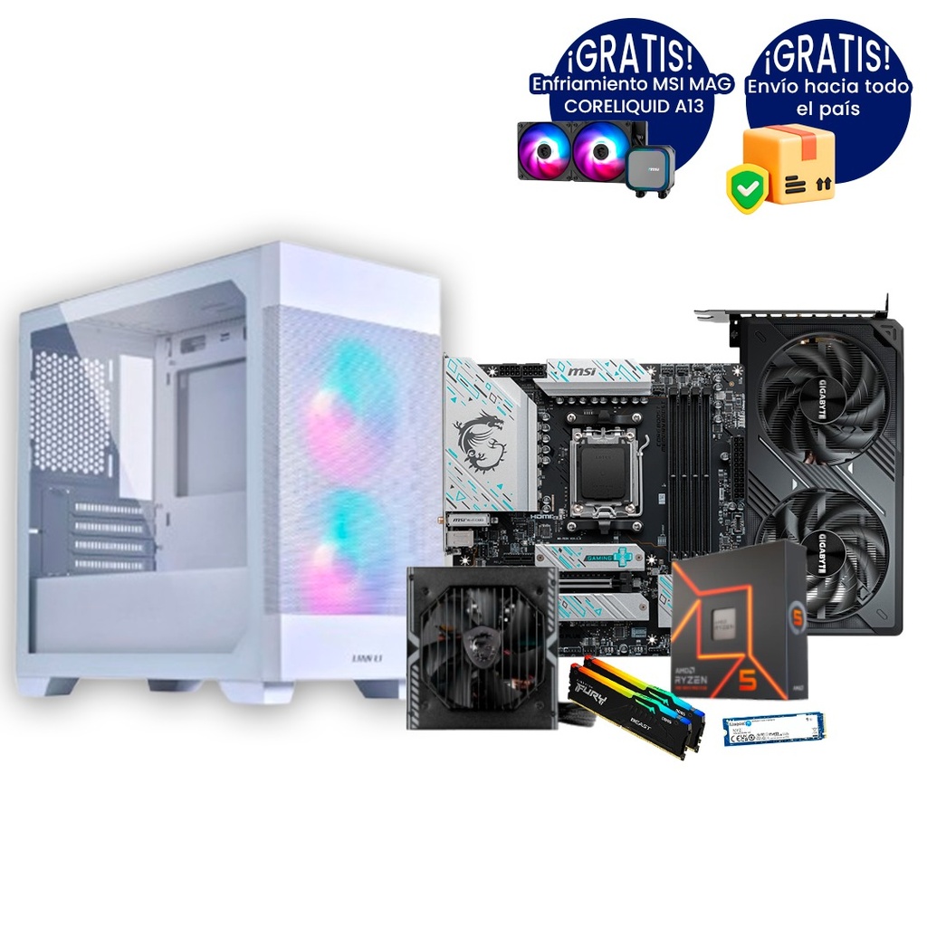 Pc Gamer Ryzen 5 7600X B650M-Plus RTX 5060 TI DDR5 2x16 NVMe 1TB 650W Bronce Liquida 240mm