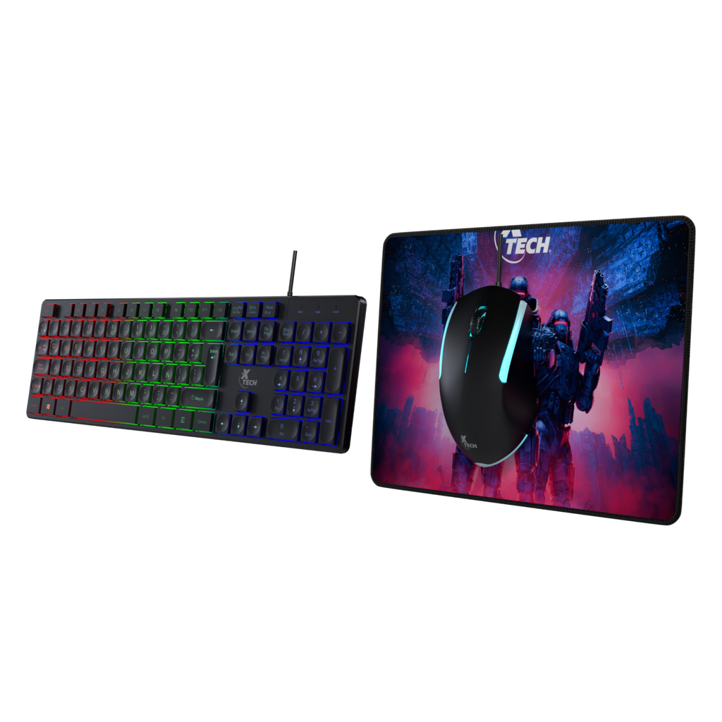 Combo Teclado Mouse y Pad XTECH Chevalier Alámbricos Gaming LED Multicolor Negro Español